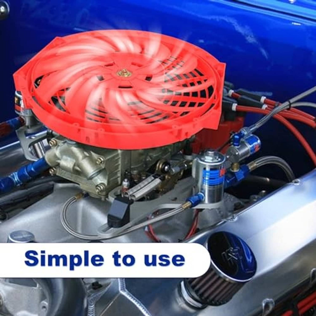 Red 12 inch radiator cooling fan mounted in engine bay with connected wiring