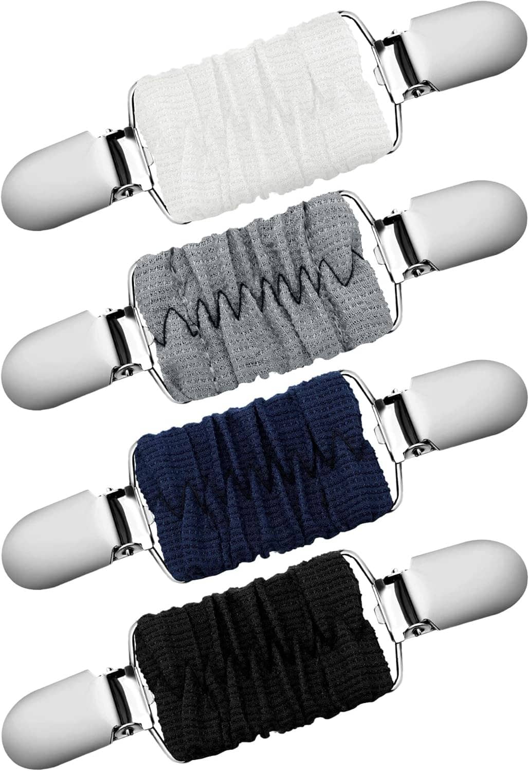 Dress cinch clip set: ribbed bands in white, gray, navy, and black with metal clasps