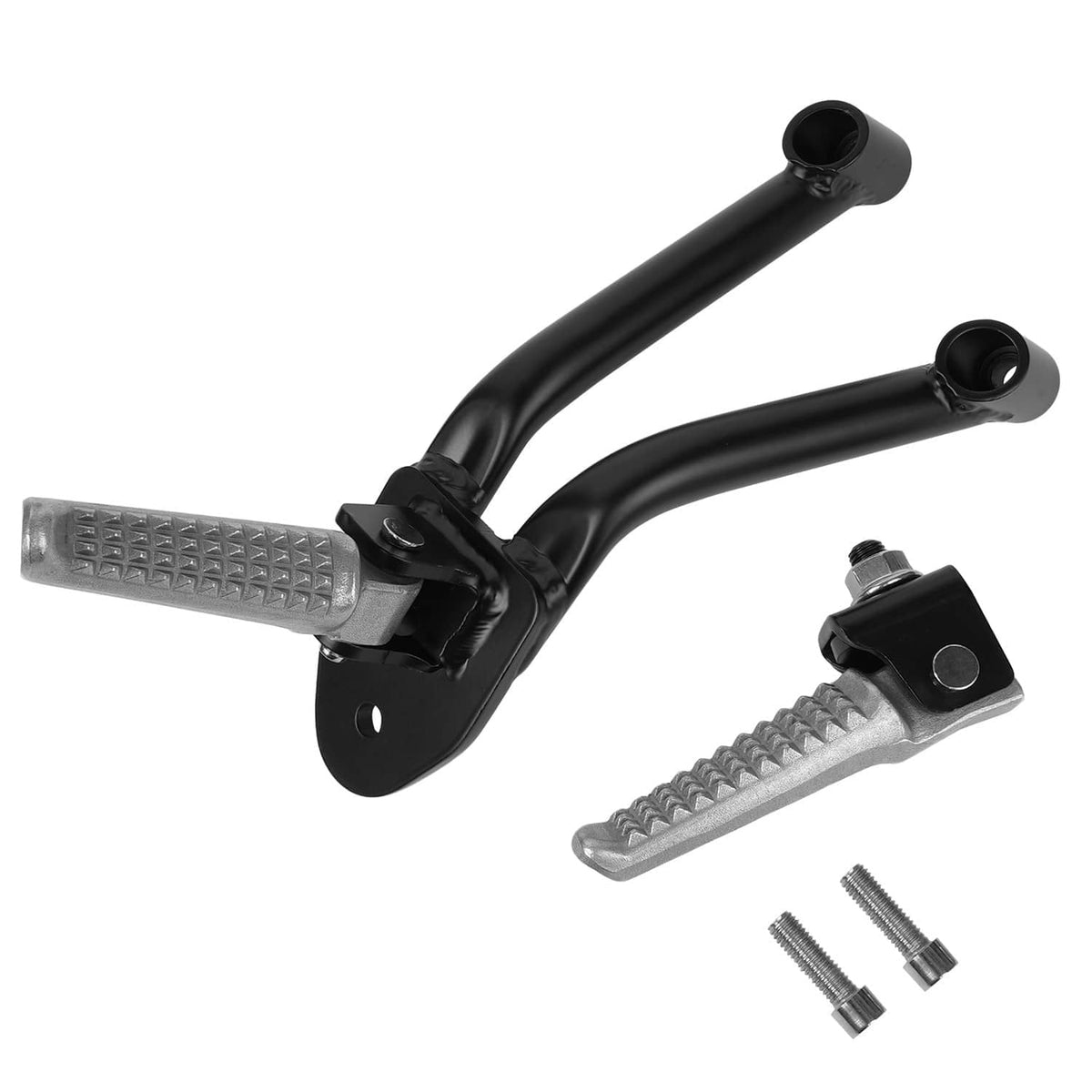 Pair of rear passenger footpegs with black bars, silver textured pads, and mounting plate