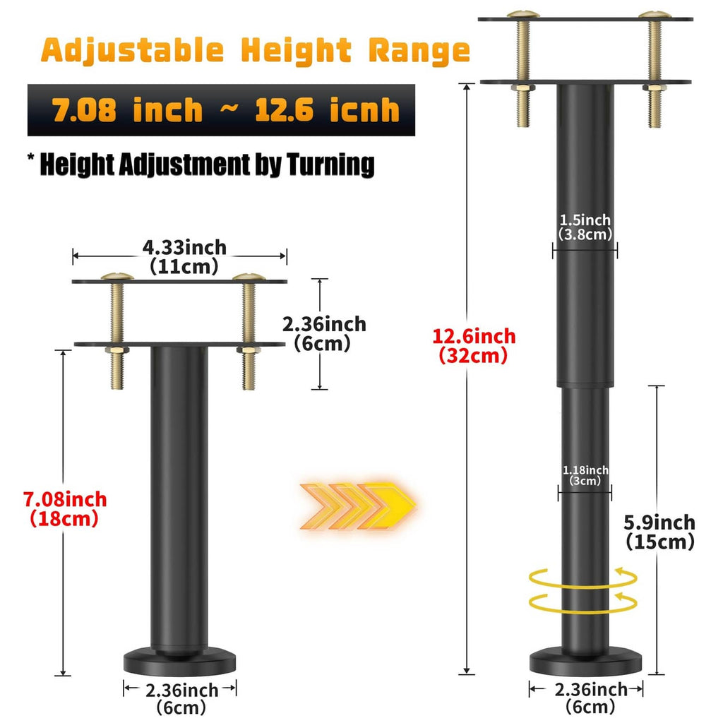 Four adjustable black bed support legs with mounting plates for height adjustment