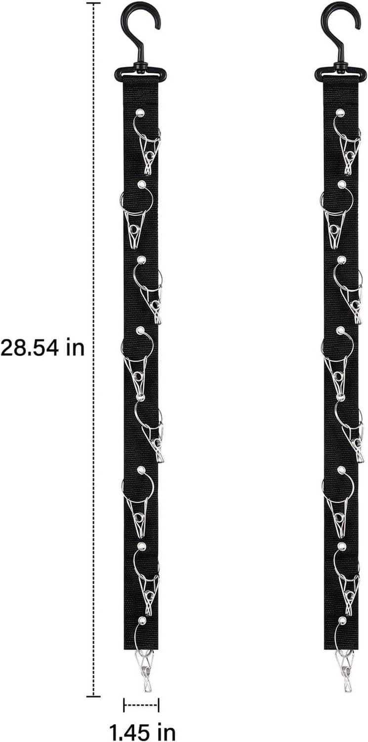 Black hanging hat straps with clips and metal rings, shown with size measurements