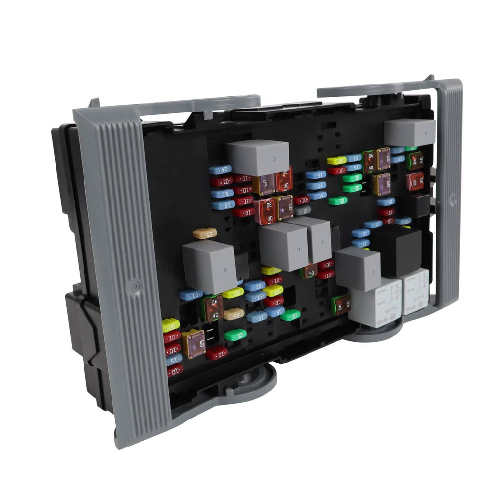 Vehicle fuse relay junction block, angled view of exposed fuse and relay components