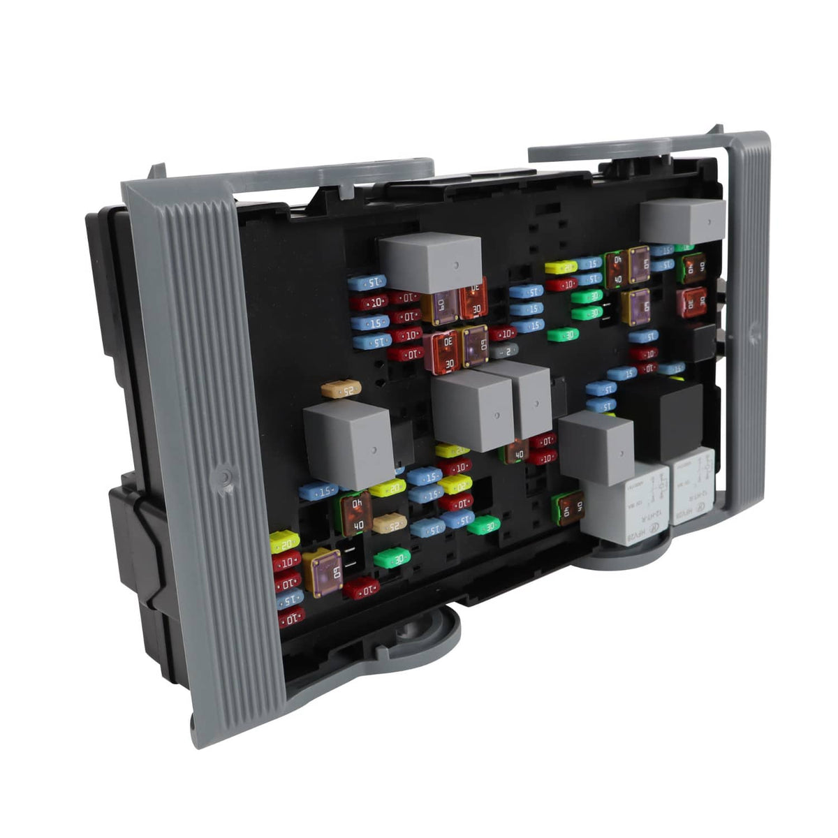 Vehicle fuse relay junction block, angled view of exposed fuse and relay components