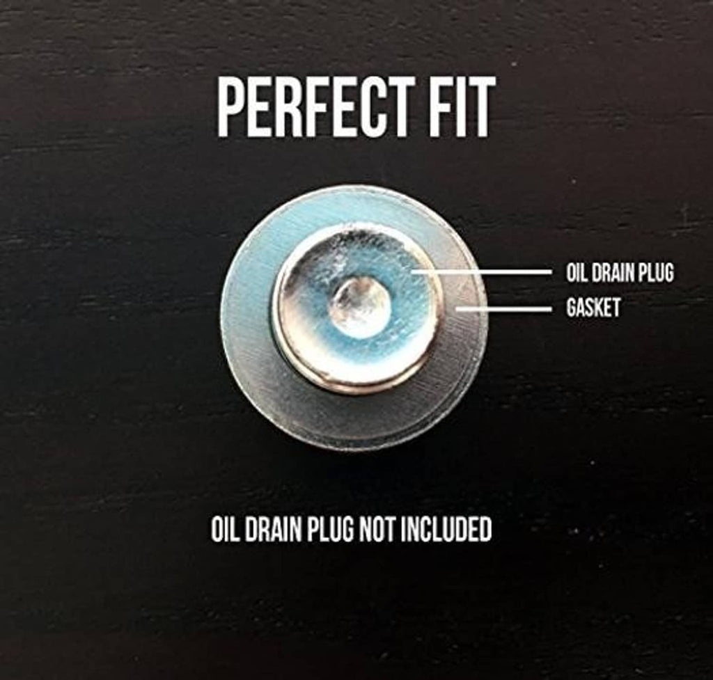Round metal oil drain plug gasket washer beside an oil drain plug