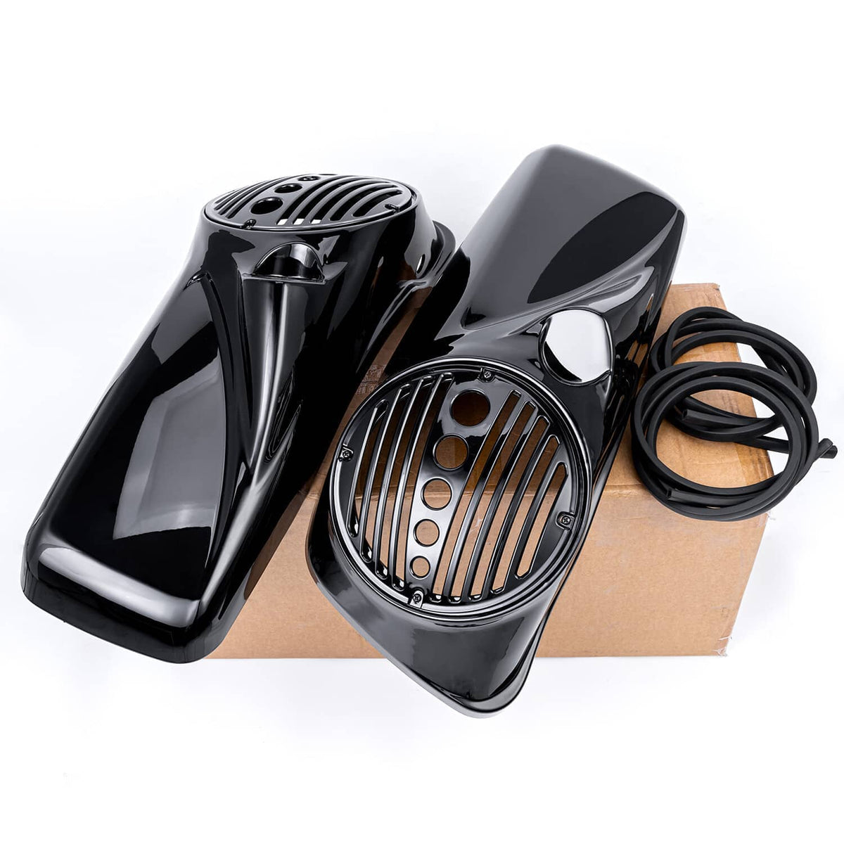 Black speaker lids with grille vents and tweeter openings, with wiring and box