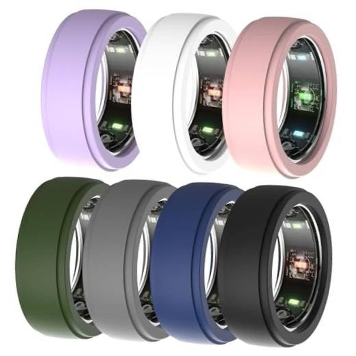 7-pack smart ring protector covers in purple, white, pink, olive, gray, blue, black
