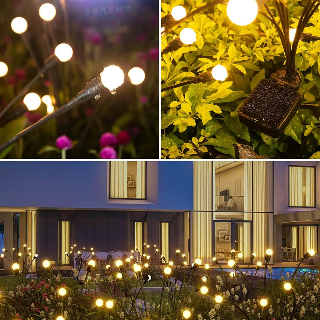 Solar starburst lights with glowing round LED bulbs and black stake heads