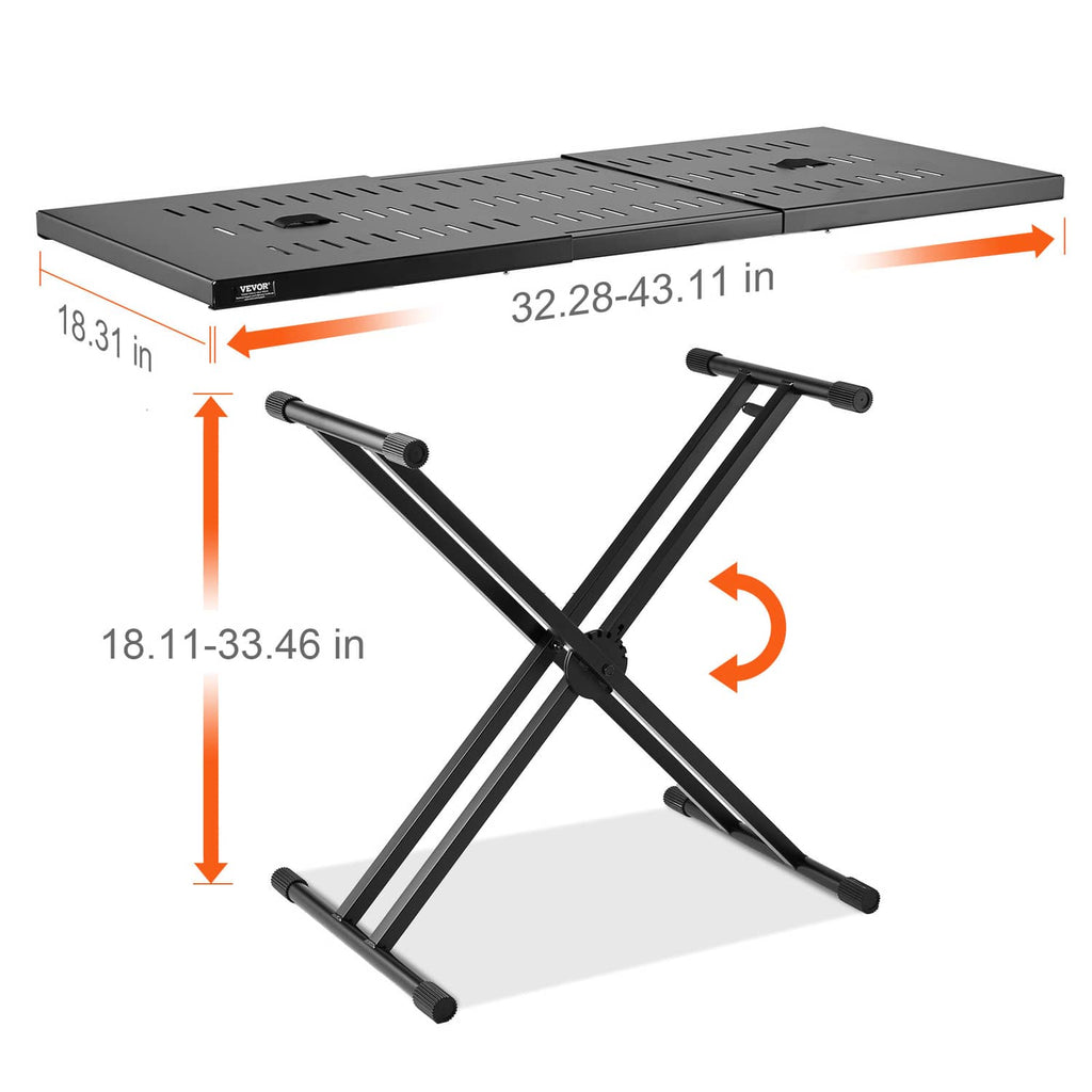 DJ table showing tabletop and double-X base with adjustable legs, black finish