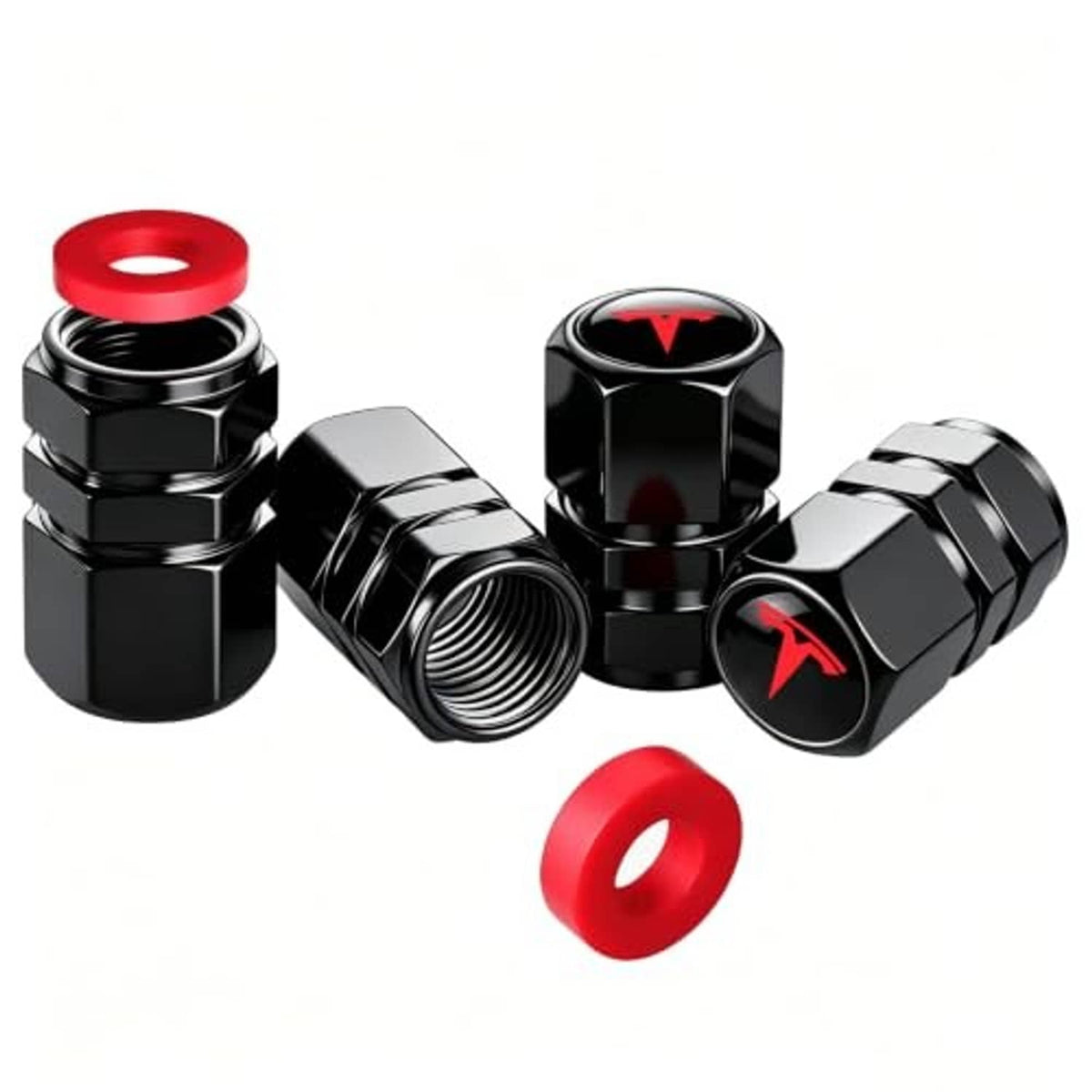 Black metal tire valve stem caps with red emblem, plus red rubber O-ring seals