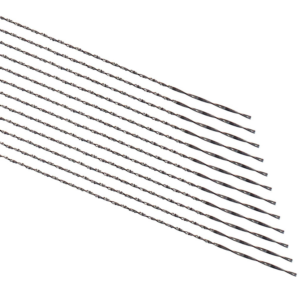 Close-up of spiral scroll saw blades, silver-toned metal wires with plain ends.