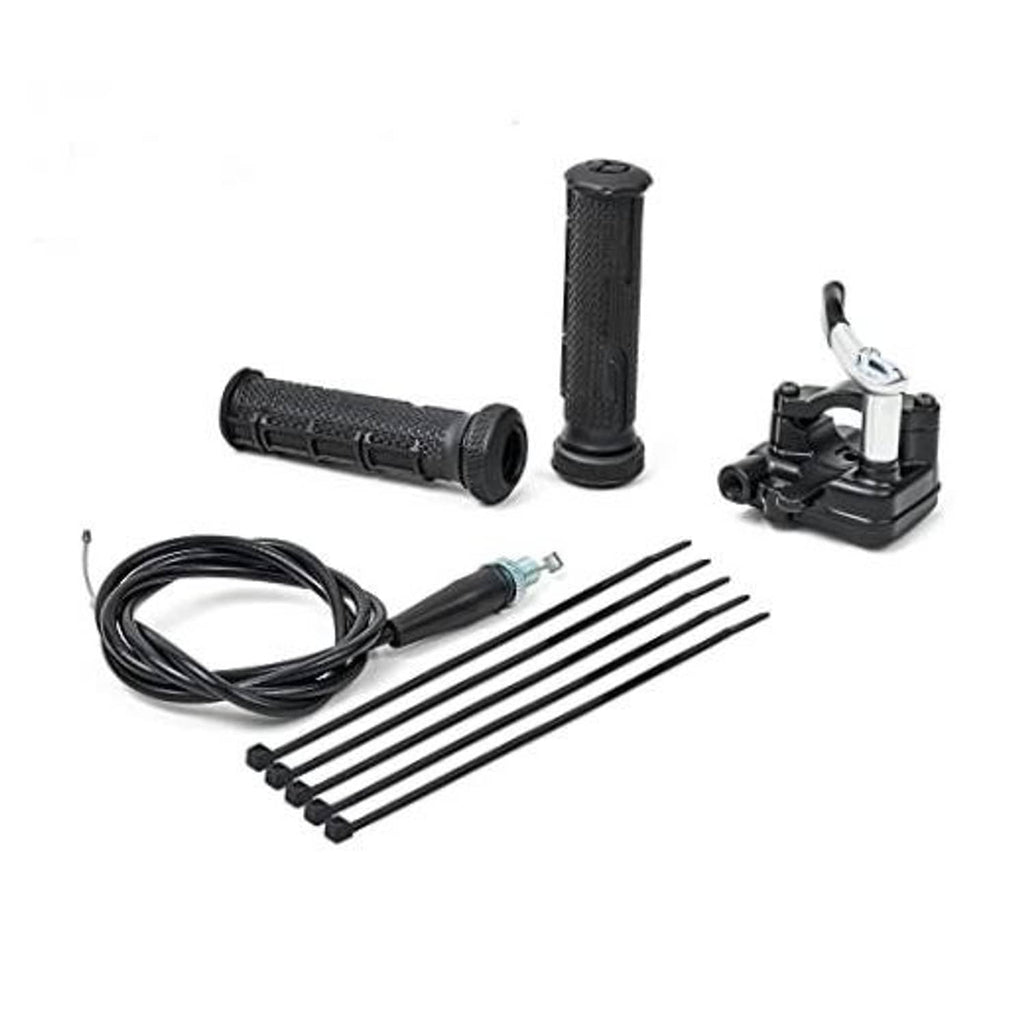 Thumb throttle cable accelerator handle assembly with grips, cable, and mounting rods