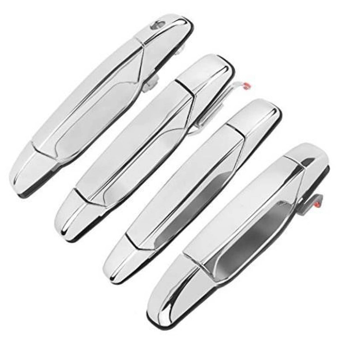 Chrome exterior door handle set with four handles, curved lever and mounting tabs