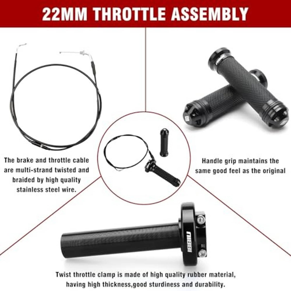 Black 22mm twist throttle assembly set with cables and twist-grip clamp
