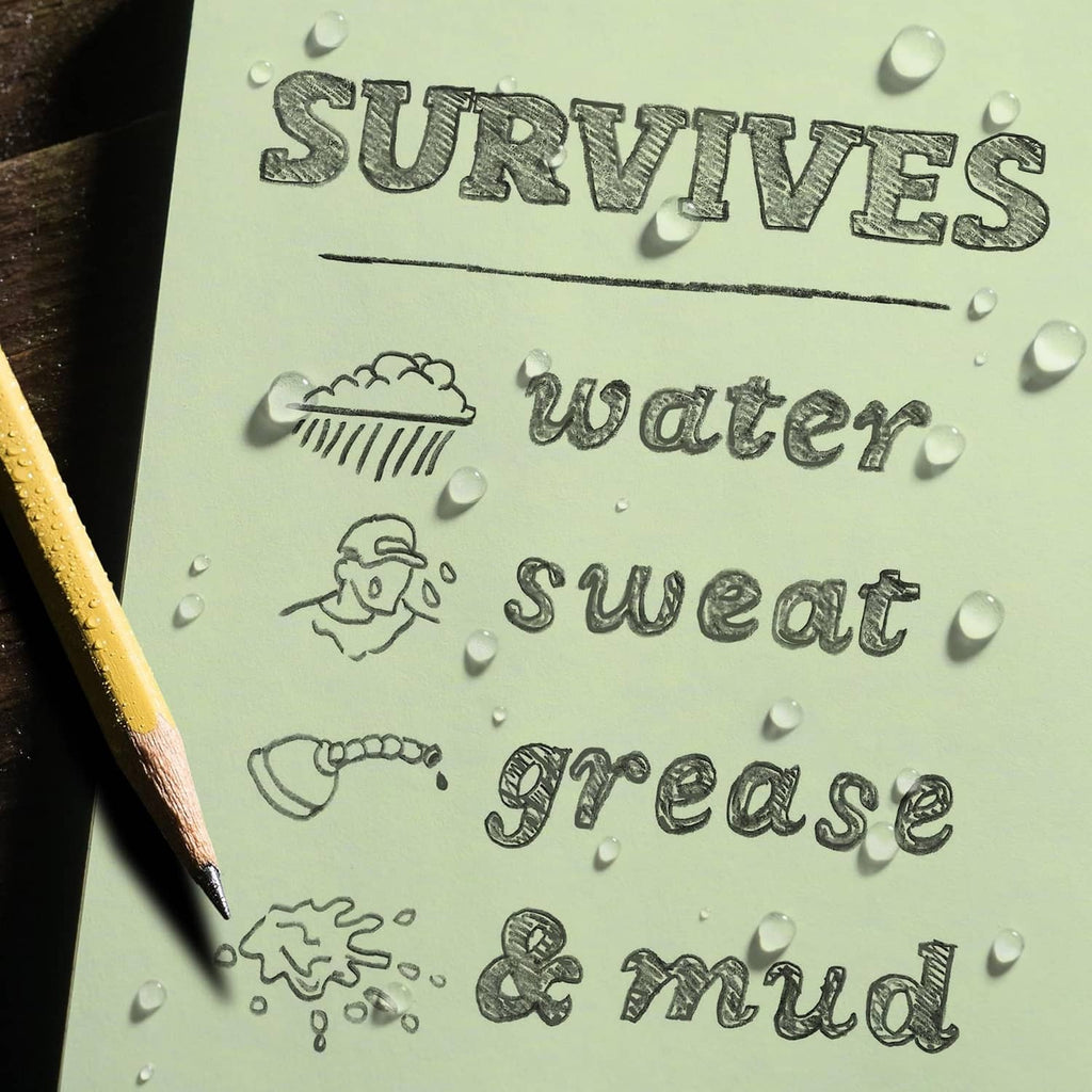 Weatherproof notebook page with water-drop print and “Survives water, sweat, grease & mud”