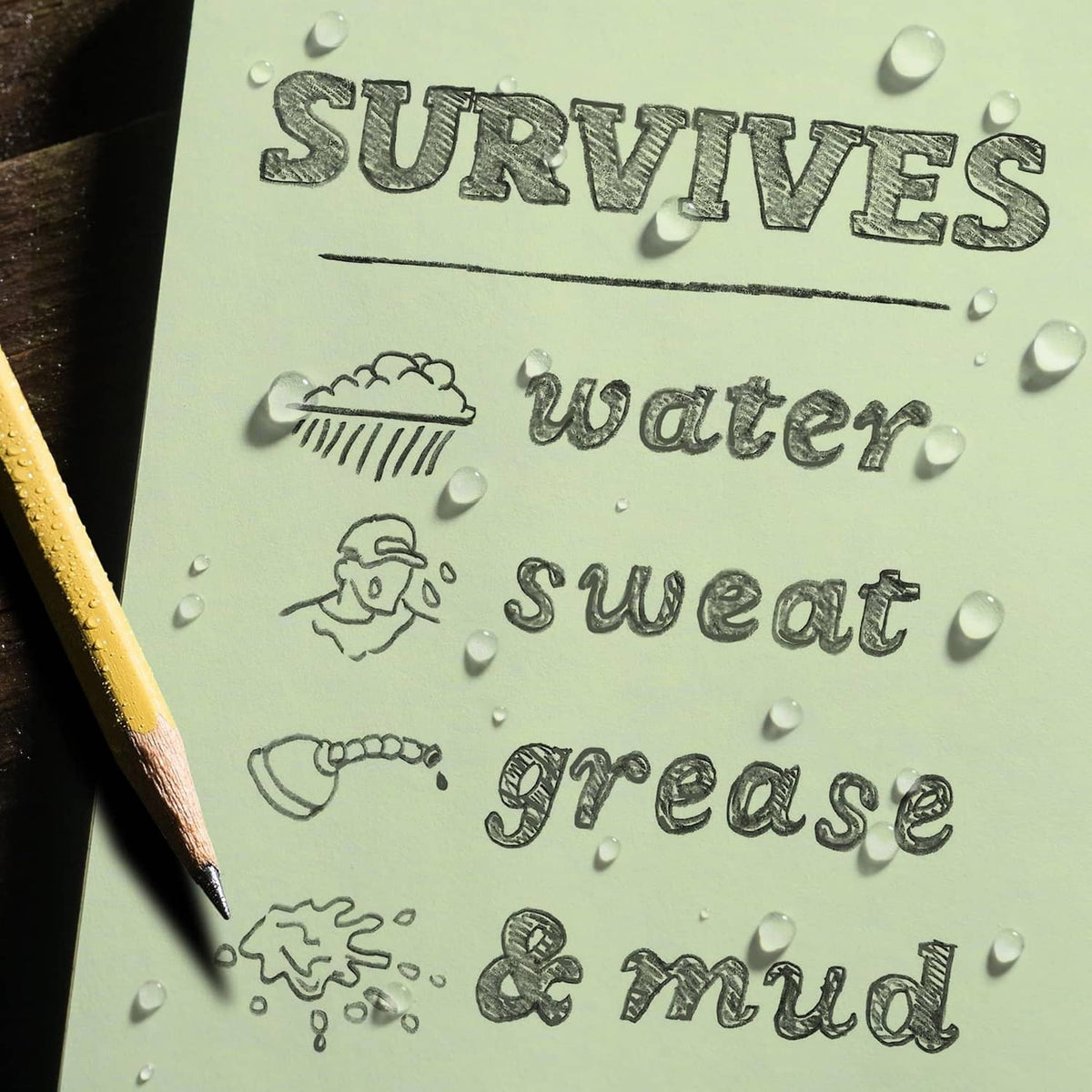 Weatherproof notebook page with water-drop print and “Survives water, sweat, grease & mud”