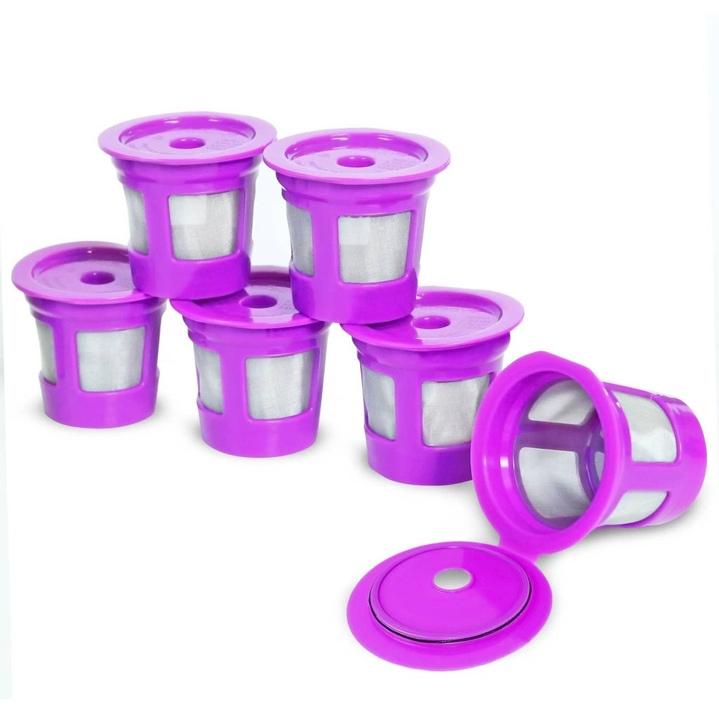 Purple reusable coffee filter cups, stainless mesh inserts, 6-pack set