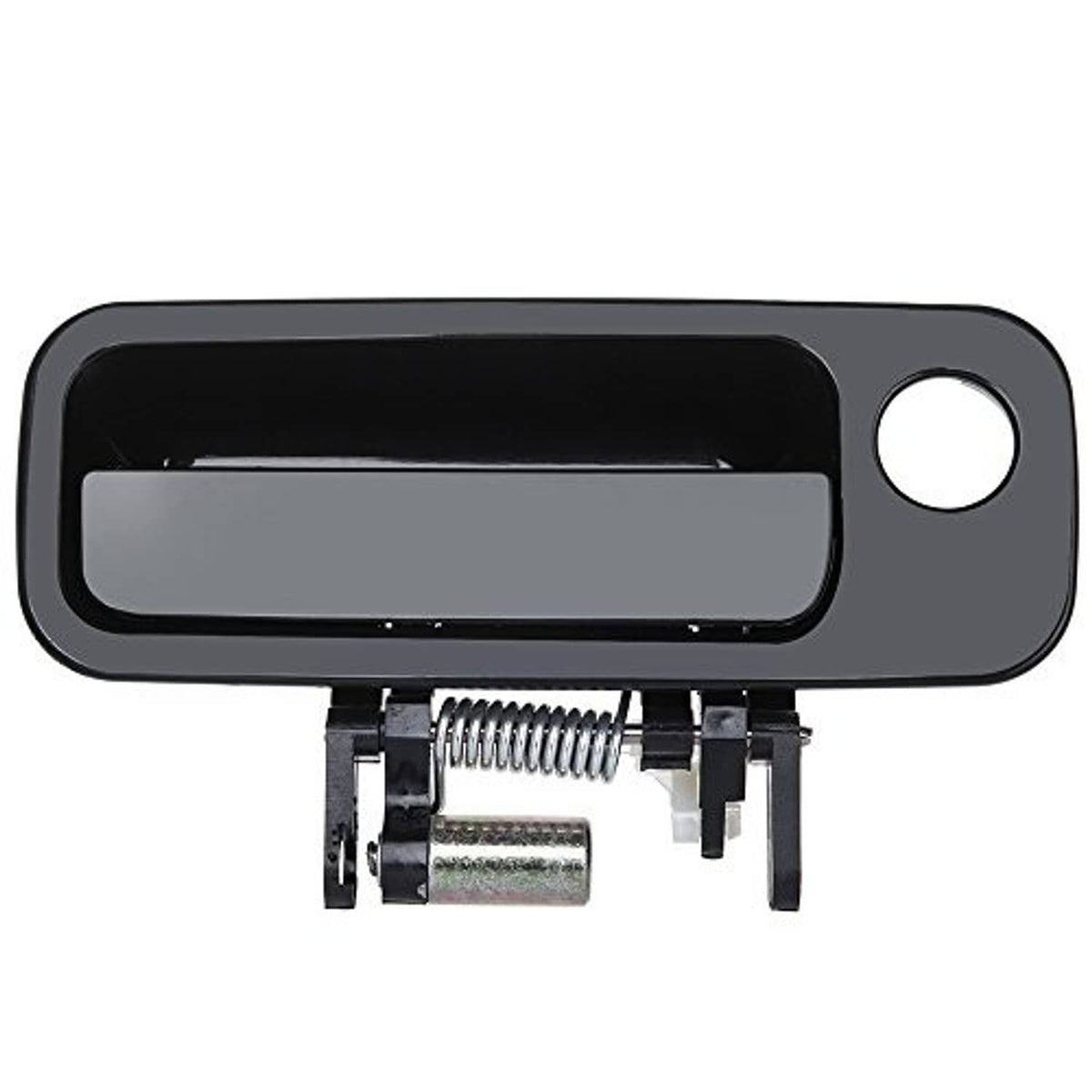 Black exterior-style door handle with mounting spring and screws underneath