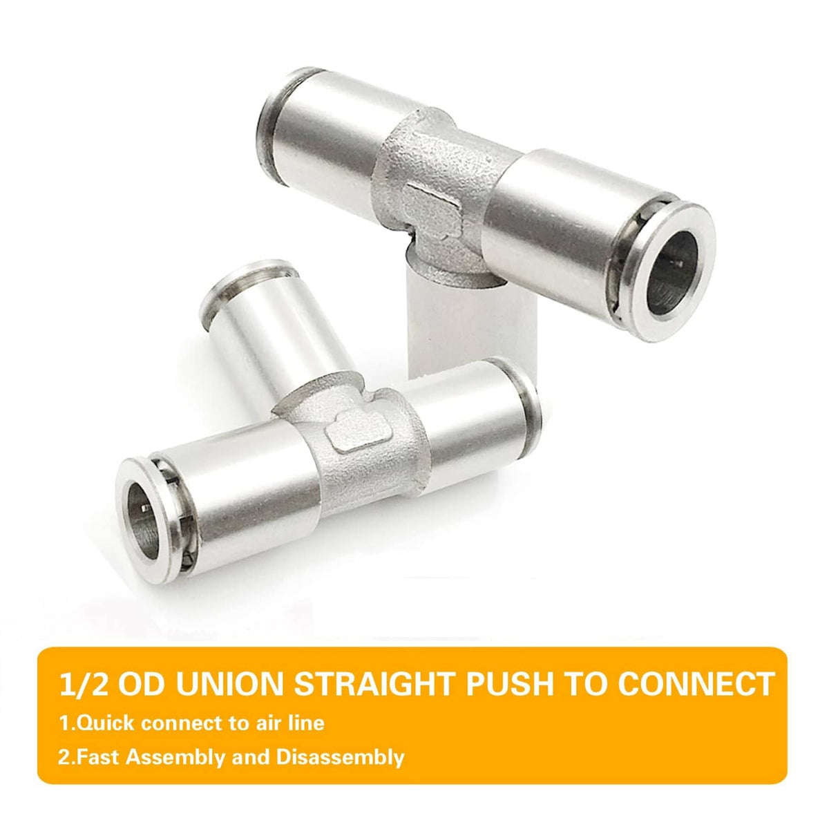 Stainless steel quick-connect tee fitting with three tube ports for push connection