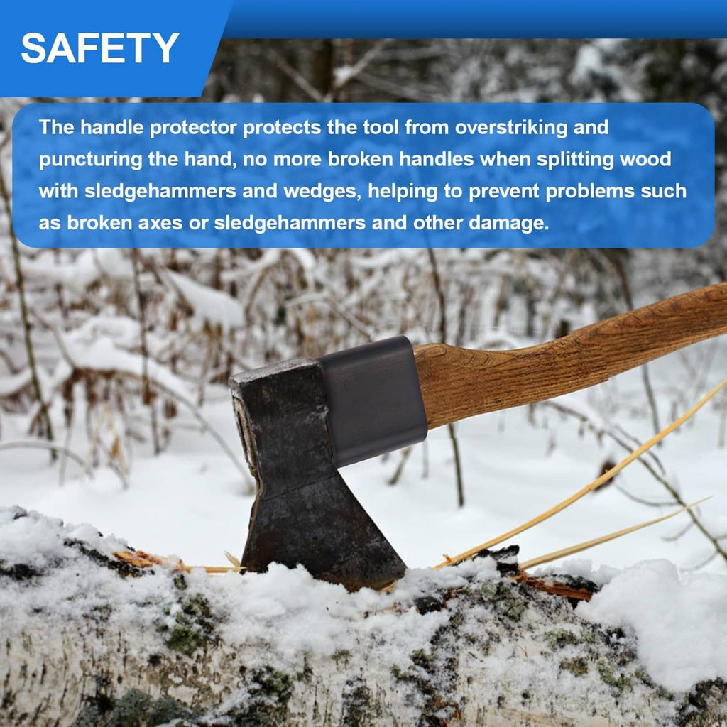 Black rubber handle protector sleeve on a wooden axe handle outdoors in snow