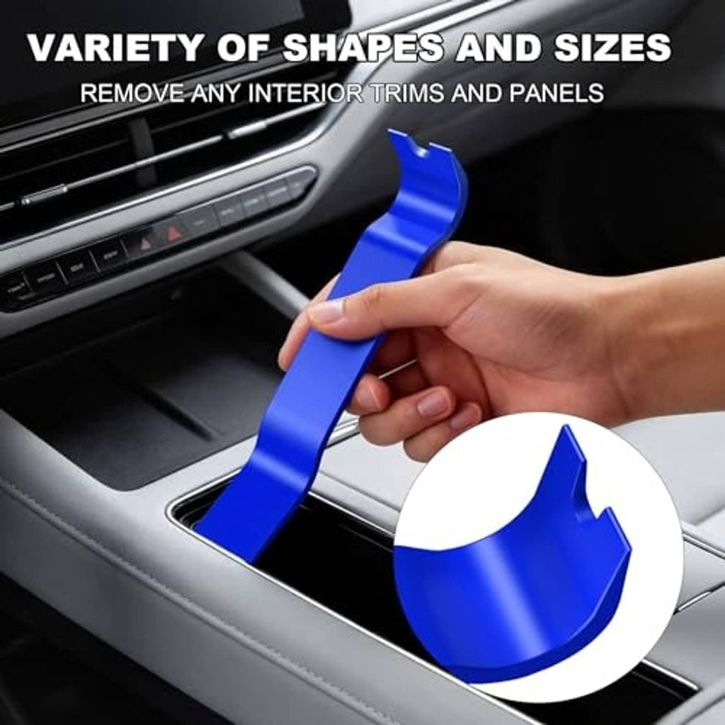 Blue curved interior trim pry tool removing dashboard panel and components