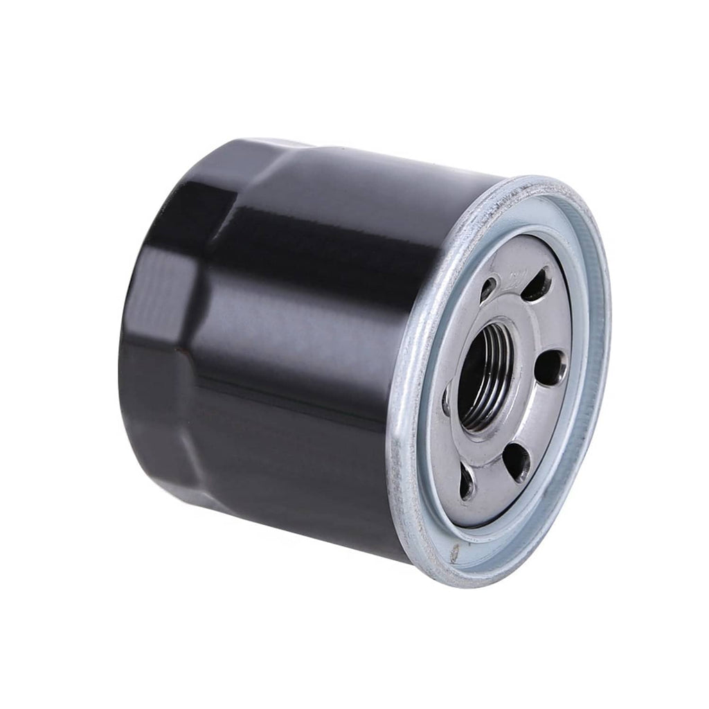 Oil filter cartridge angled view with metal rim and threaded center, dark housing