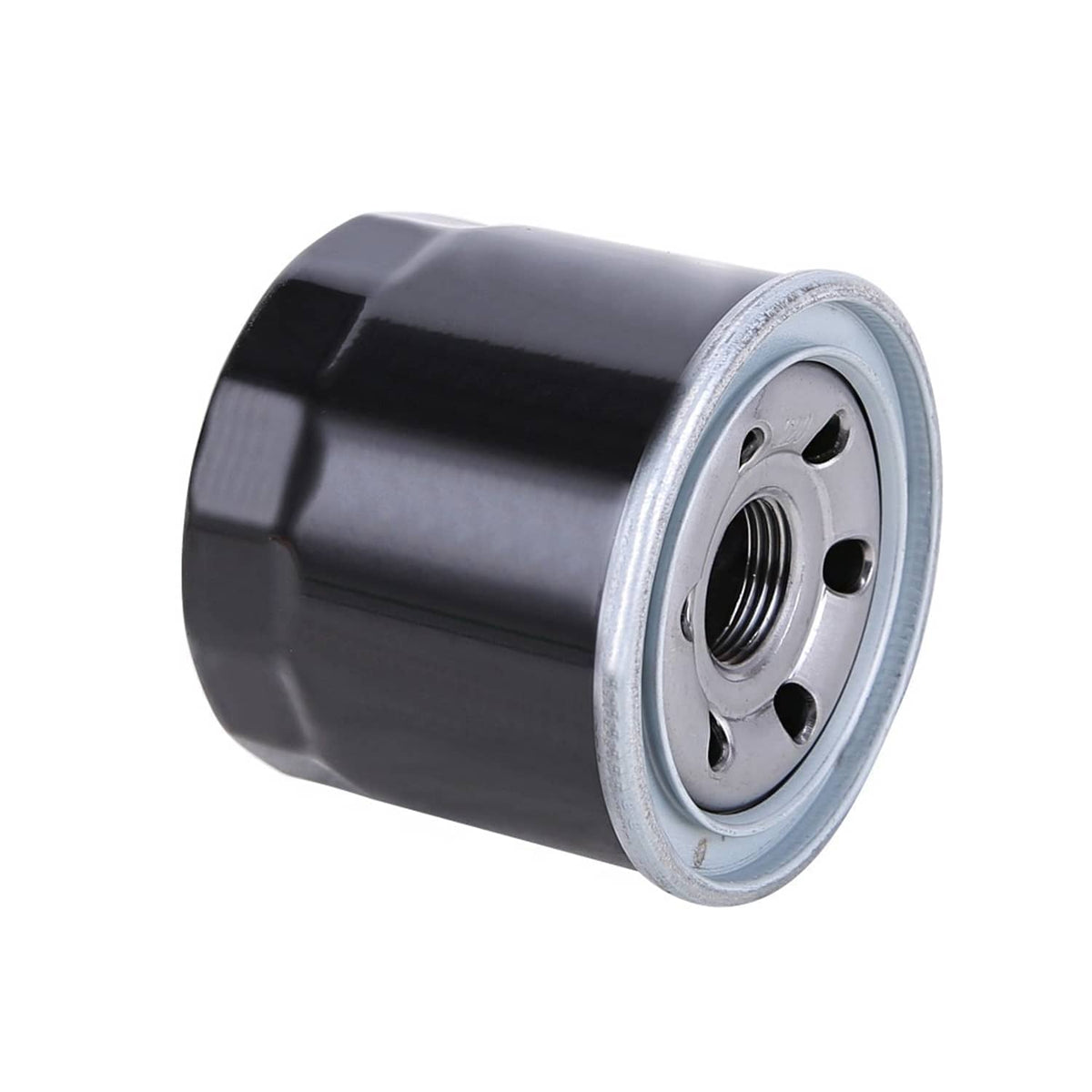 Oil filter cartridge angled view with metal rim and threaded center, dark housing