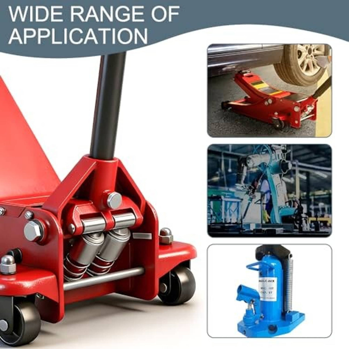 Hydraulic floor jack with installed handle bolts, red base and silver screws