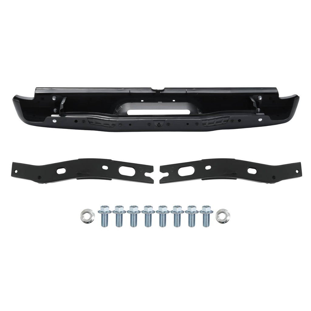 Black rear step bumper with two mounting brackets and included bolt hardware