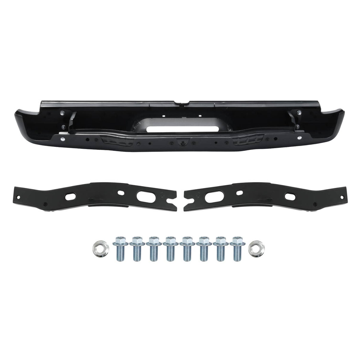 Black rear step bumper with two mounting brackets and included bolt hardware