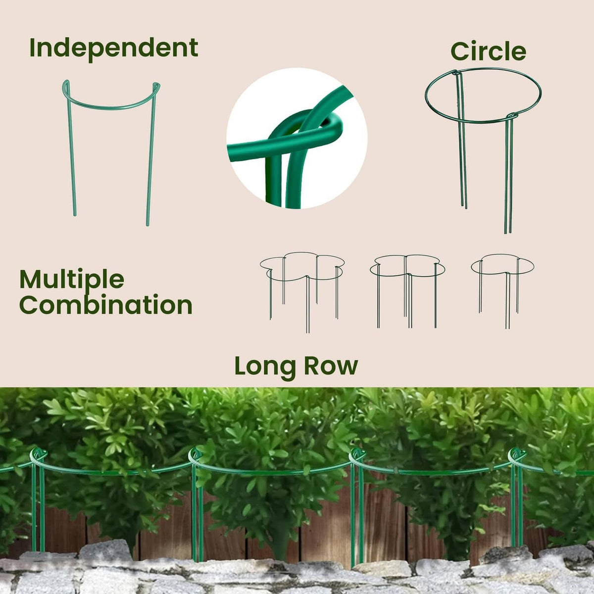 Green plant support stakes for multiple configurations, with curved top rings