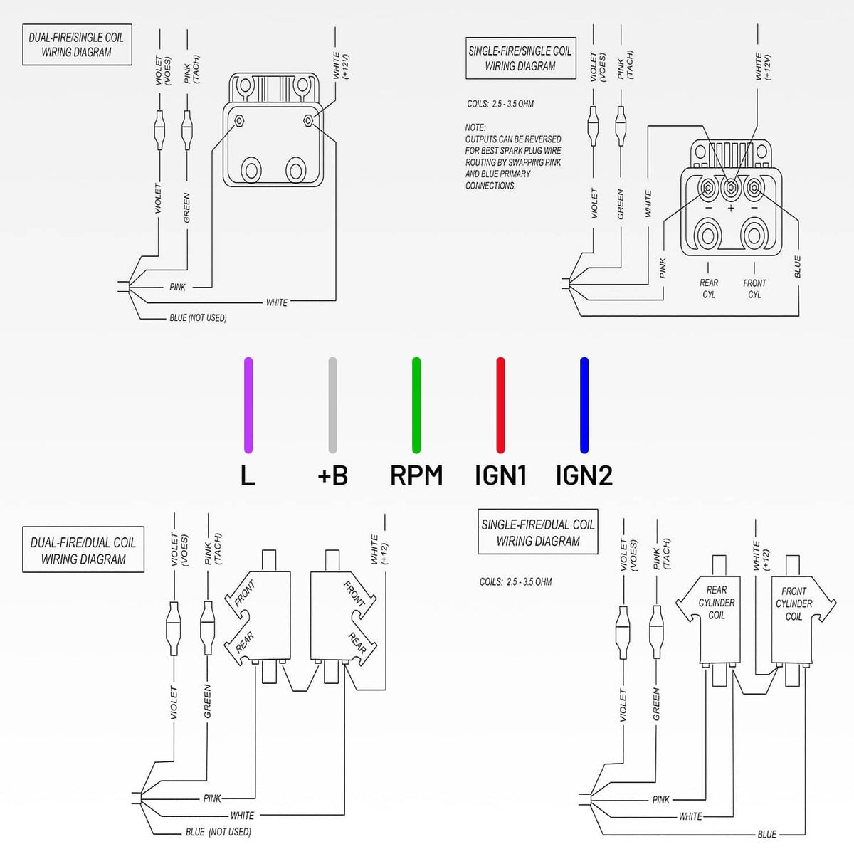 Single-fire ignition wiring diagrams showing connector labels and circuit connections
