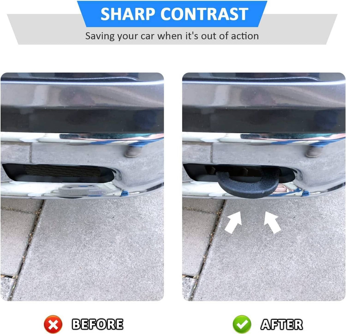 Installed black tow hook bracket under front bumper with mounting screws