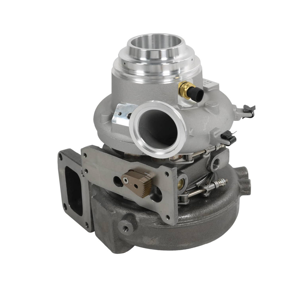 Turbocharger assembly with silver compressor inlet and dark exhaust housing details