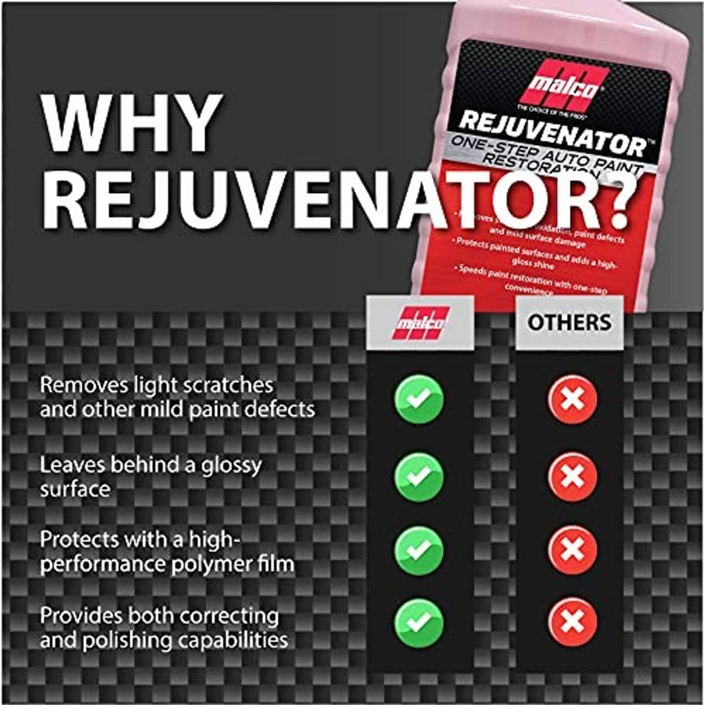 Auto paint restoration bottle shown on a why-rejuvenator style promotional layout