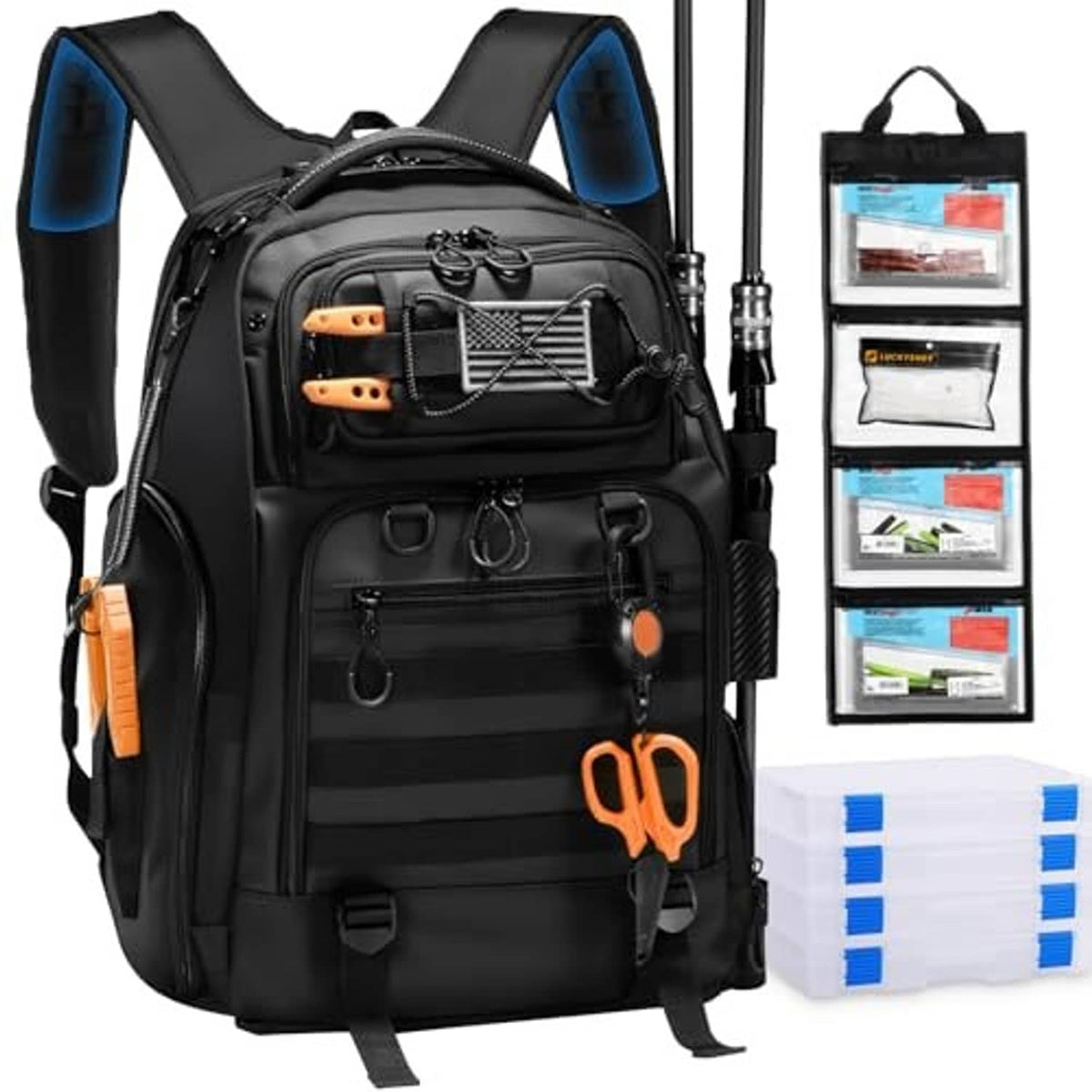 Black fishing tackle backpack with rod holders, orange accents, and stacked tackle box storage.