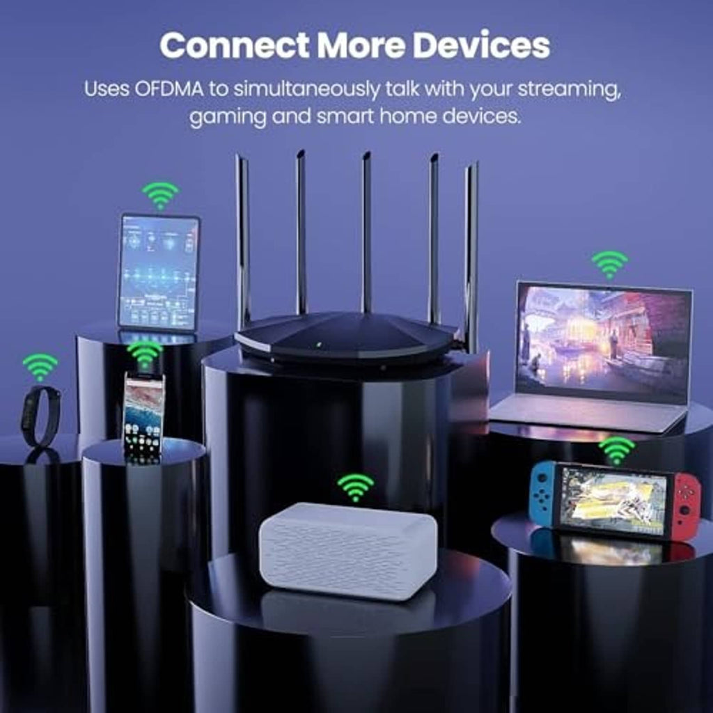 Black router with multiple antennas surrounded by connected devices