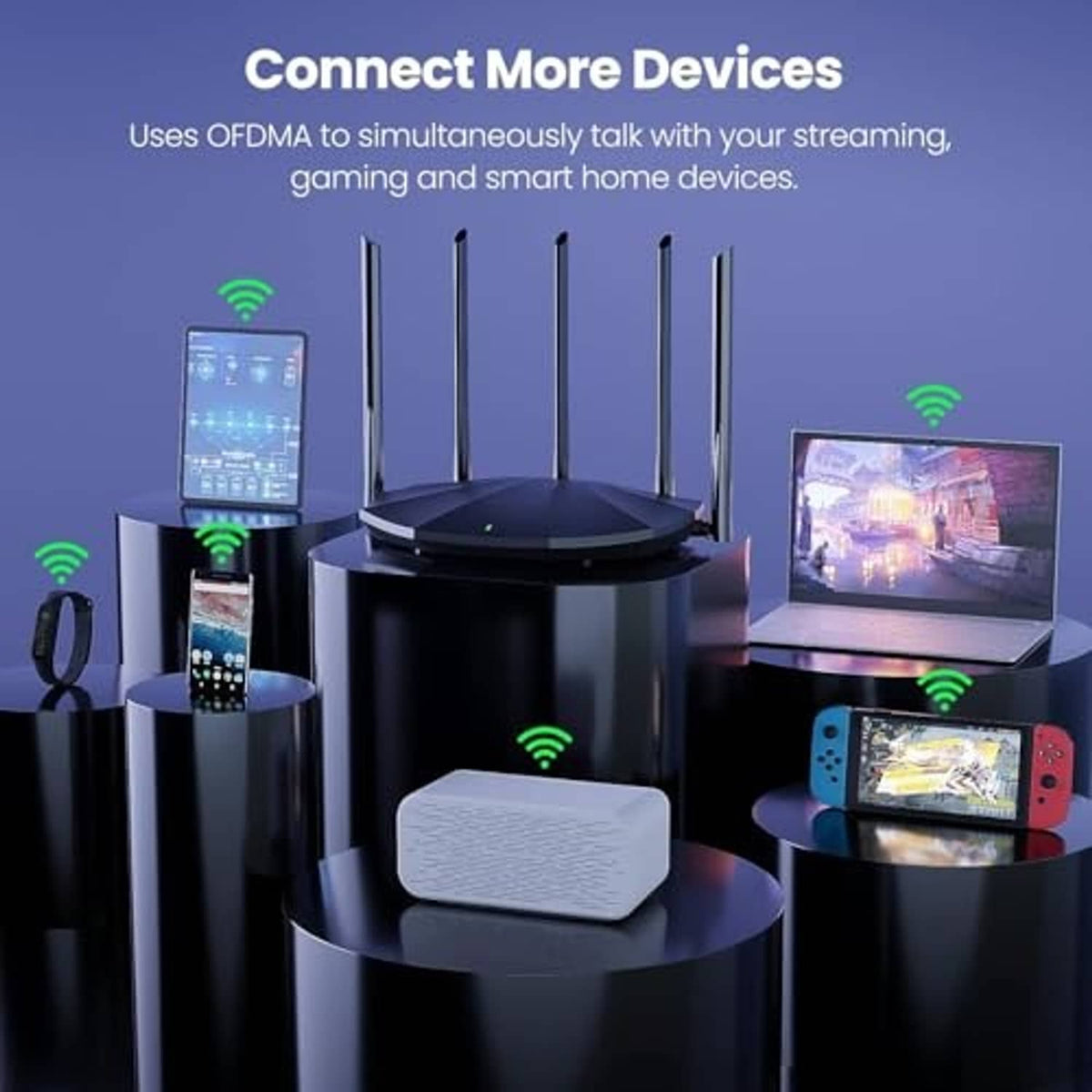 Black router with multiple antennas surrounded by connected devices