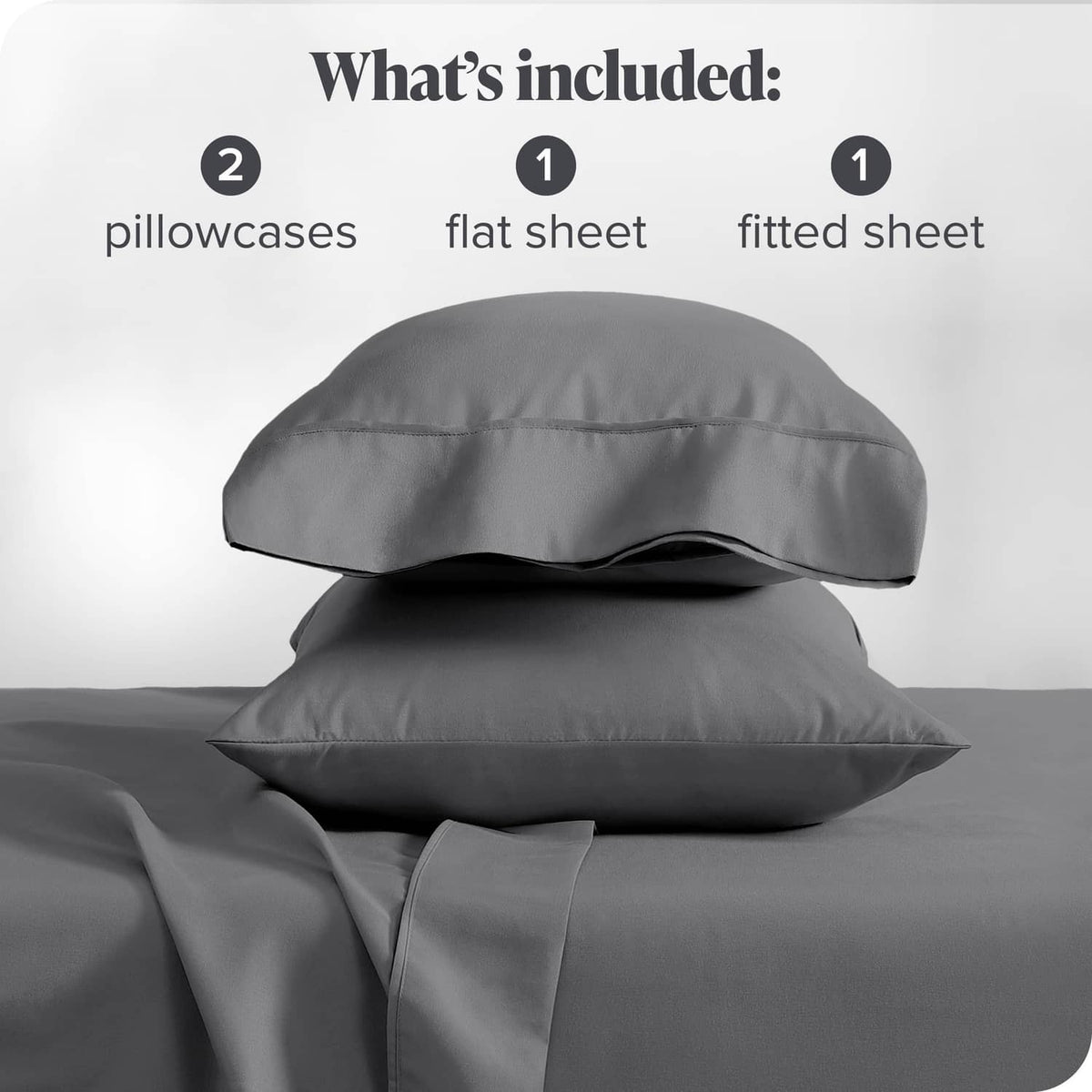 Grey microfiber 4-piece bed sheet set showing pillowcases and folded sheets