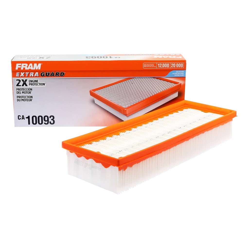 Replacement engine air filter with orange frame and pleated white paper