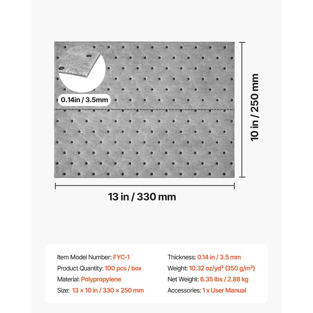 Gray absorbent pad dimensions diagram, perforated dots on 13 x 10 inch sheet