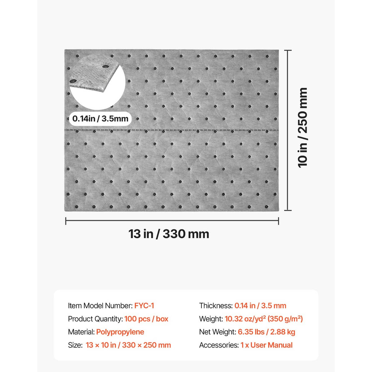 Gray absorbent pad dimensions diagram, perforated dots on 13 x 10 inch sheet