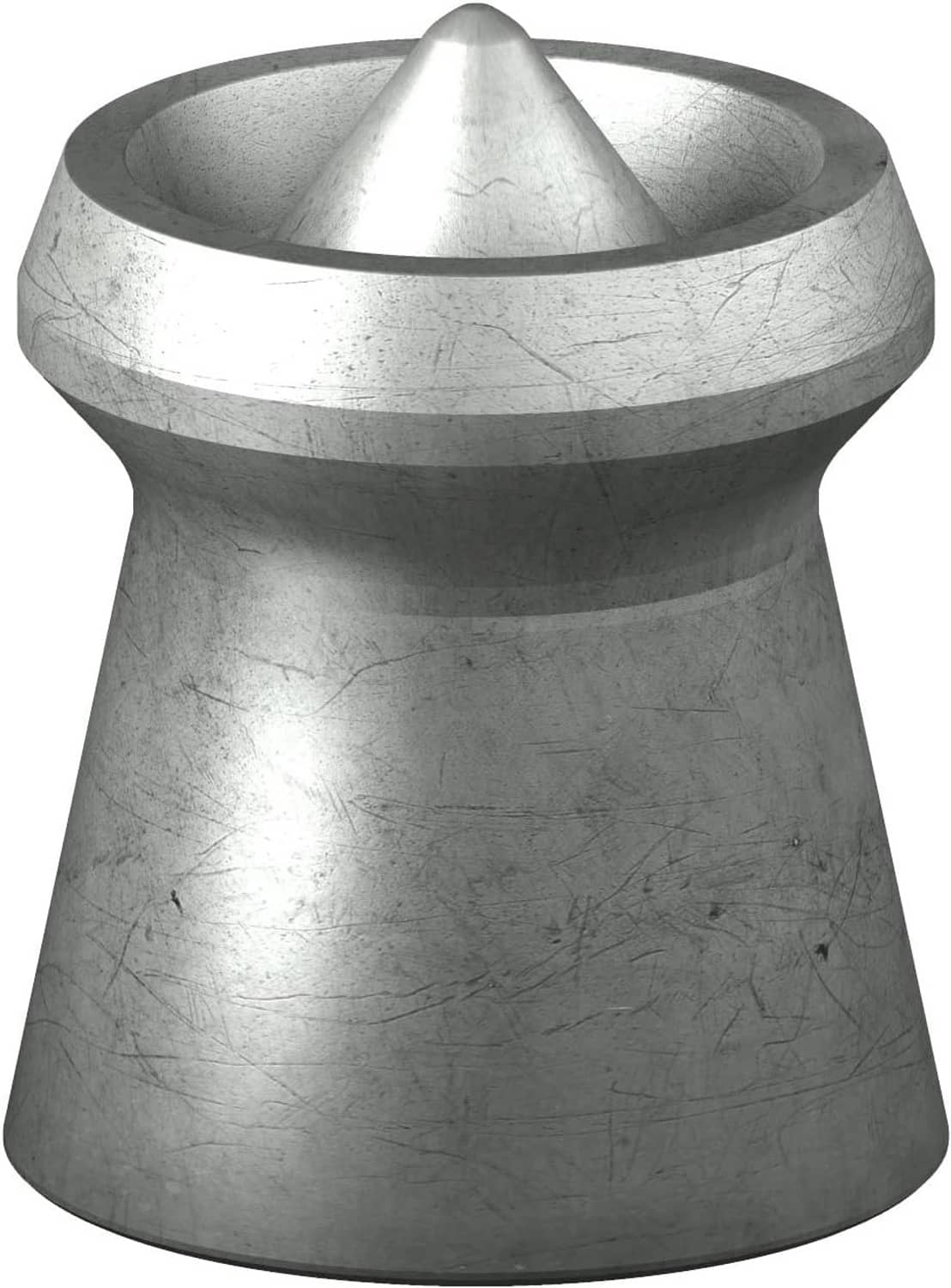 Gray metal dome pellet with conical base, shown close-up