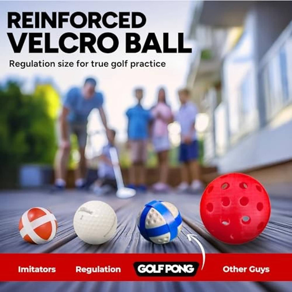 Set of velcro golf practice balls in red, blue-and-white, and white colors