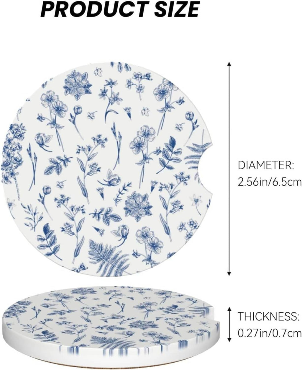 Round blue floral ceramic car cup coaster with product size measurements shown