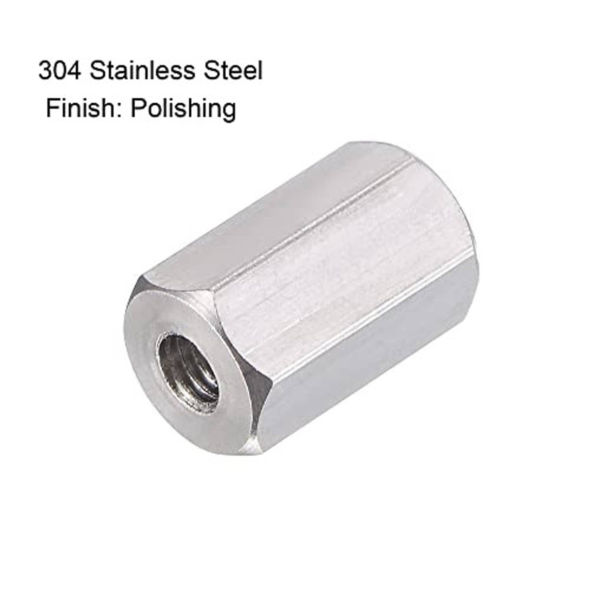 Polished 304 stainless steel M3 hex coupling with internal threaded bore