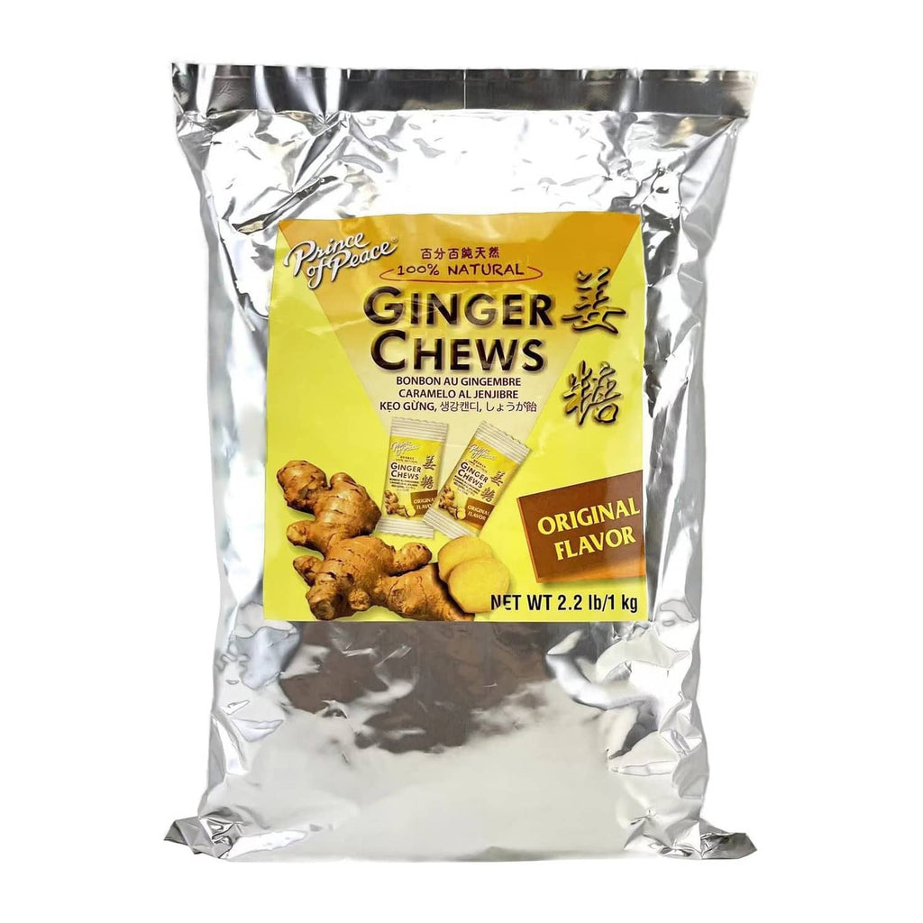 Prince Of Peace ginger candy chews pouch, silver wrapper with yellow label