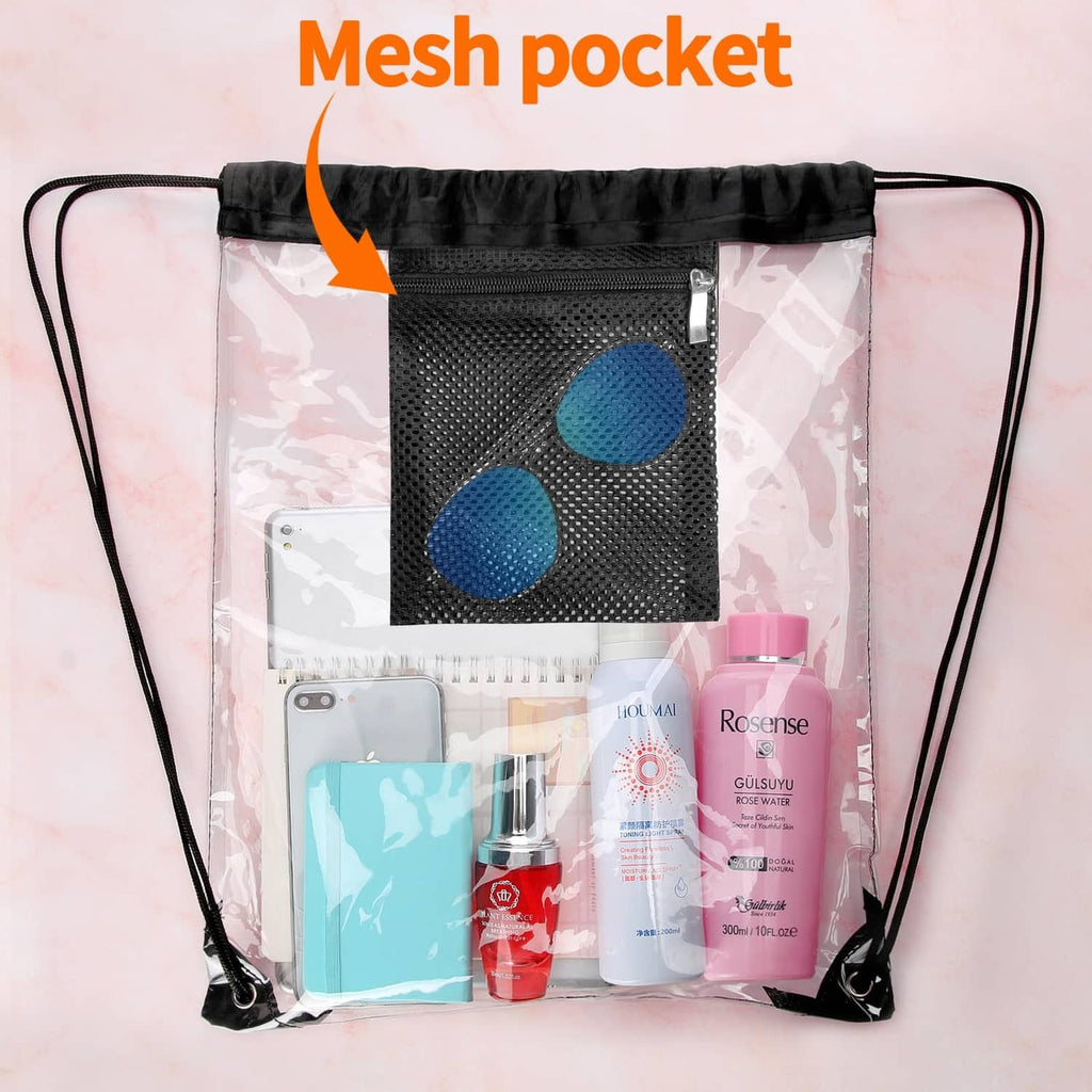Black clear drawstring bag with front mesh pocket and visible blue item