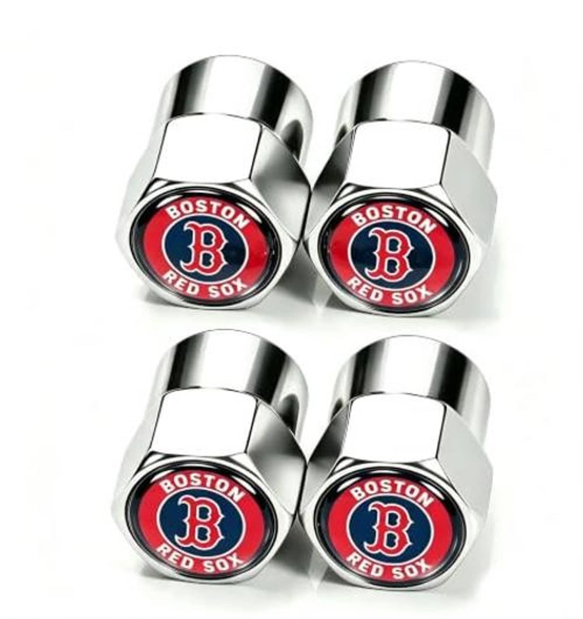 Four-pack silver tire valve stem caps featuring Boston Red Sox B logo badges
