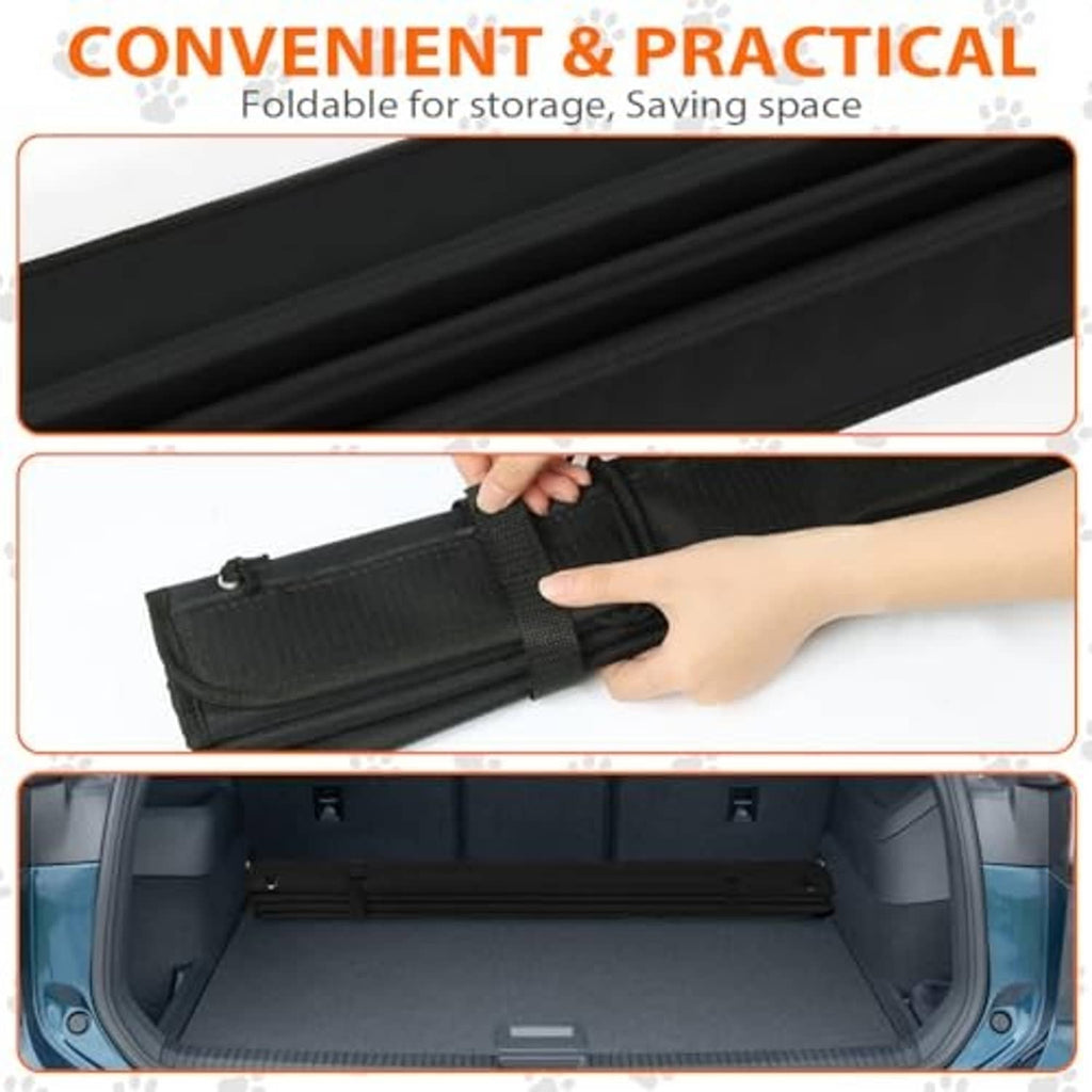 Foldable black trunk bumper pad shown folded with securing strap for storage