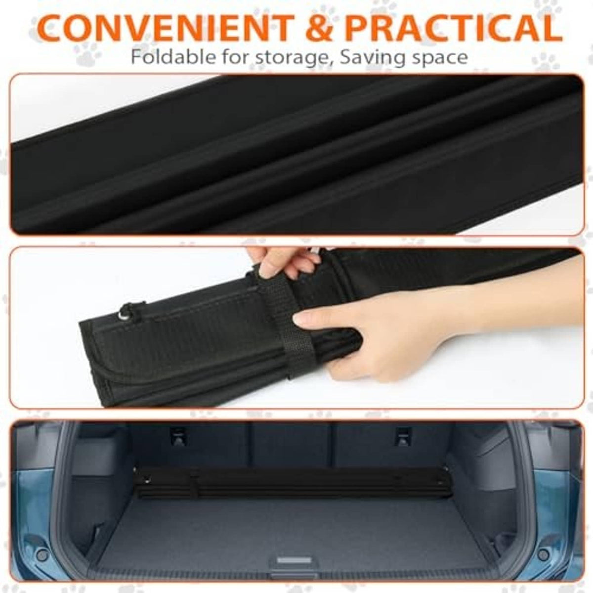 Foldable black trunk bumper pad shown folded with securing strap for storage